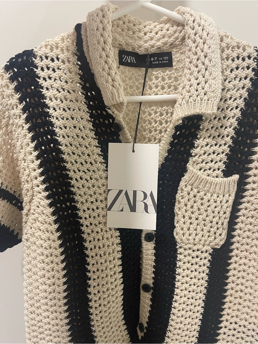 🆕 ZARA Cream and Black Striped Open-Knit Button-Down Shirt